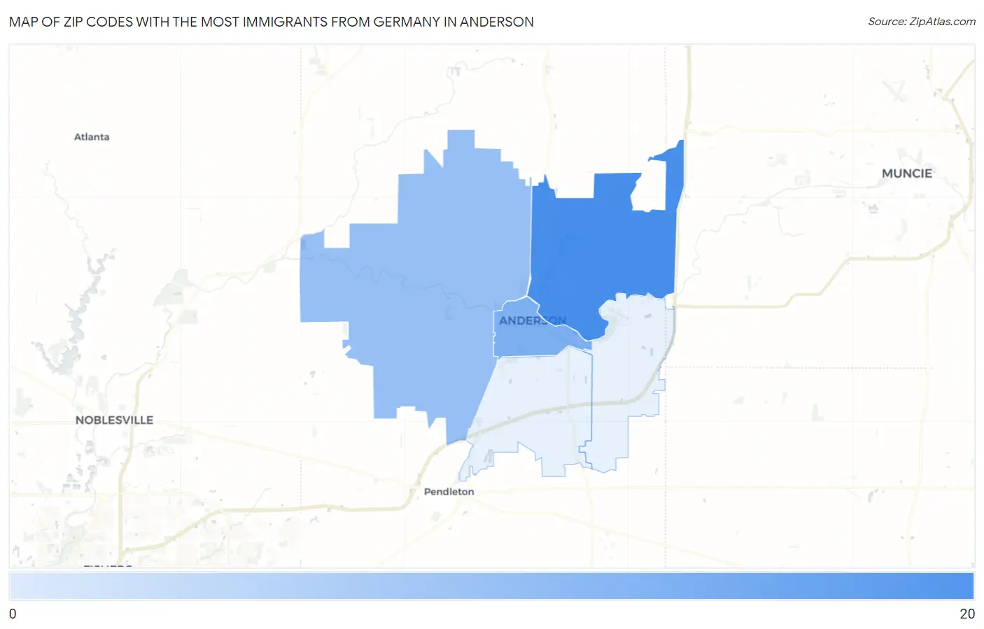 Zip Codes with the Most Immigrants from Germany in Anderson Map