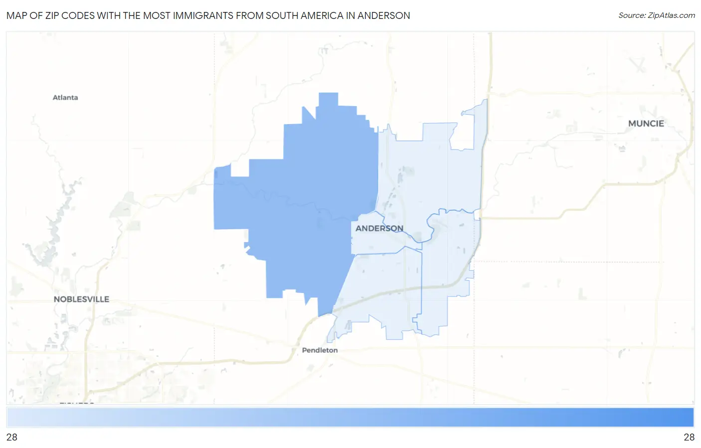 Zip Codes with the Most Immigrants from South America in Anderson Map