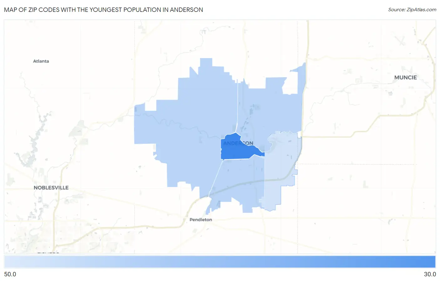 Zip Codes with the Youngest Population in Anderson Map