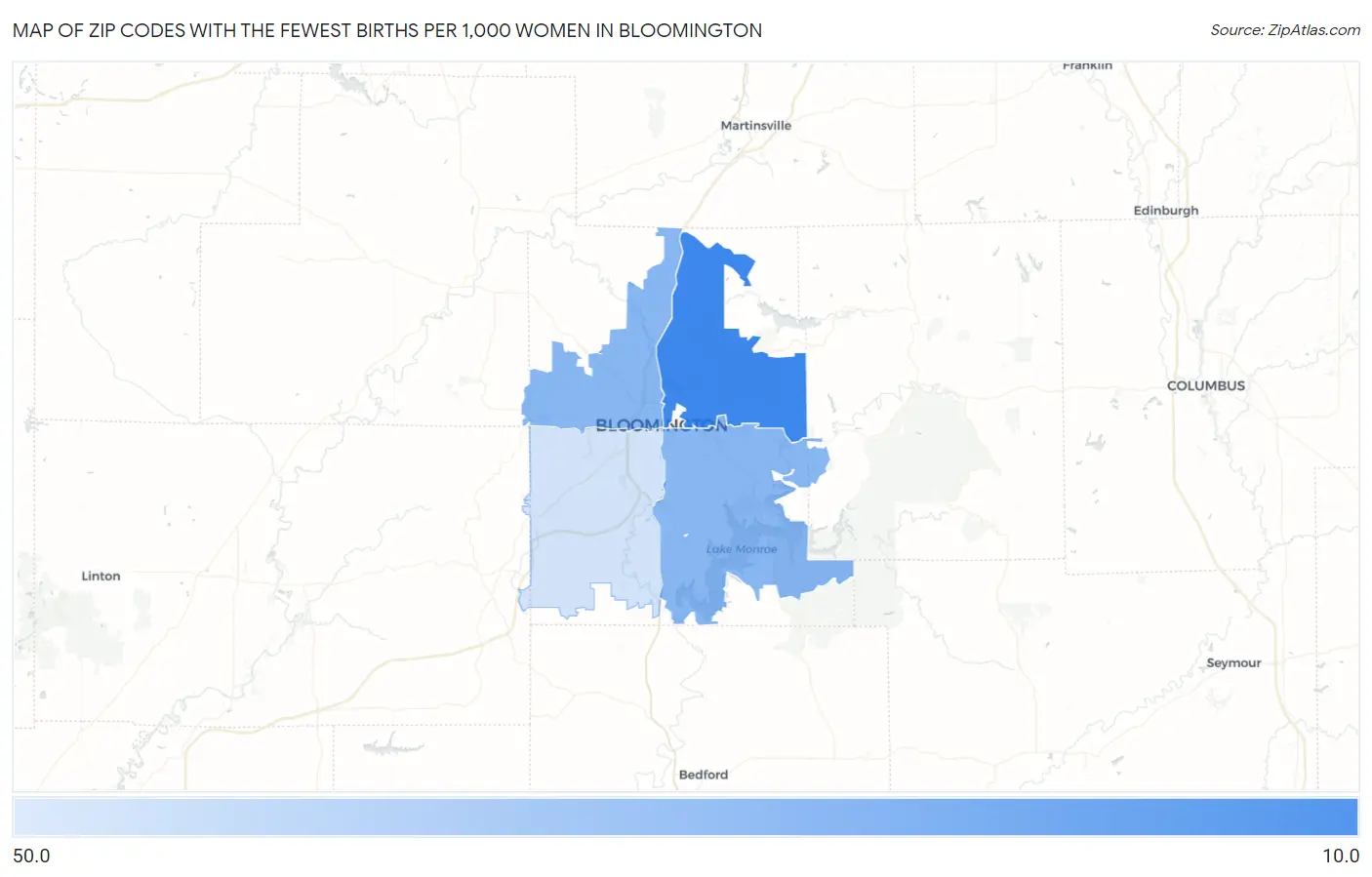 Zip Codes with the Fewest Births per 1,000 Women in Bloomington Map