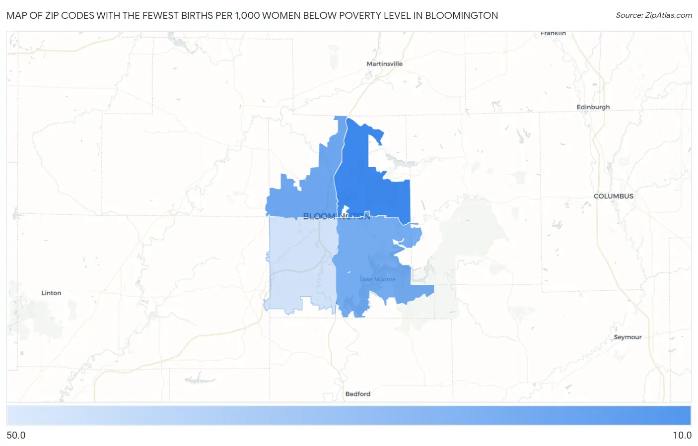 Zip Codes with the Fewest Births per 1,000 Women Below Poverty Level in Bloomington Map