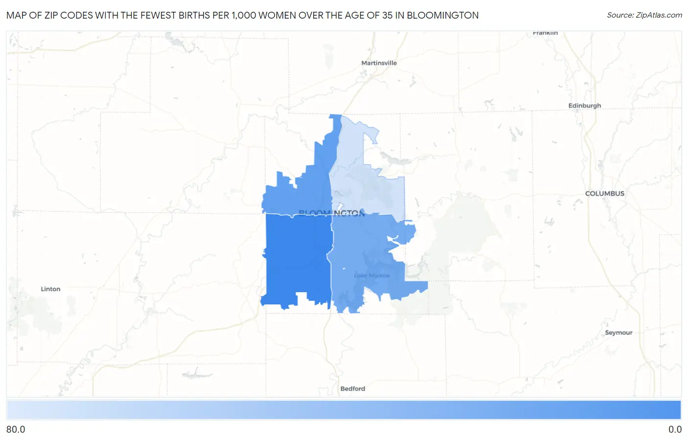 Zip Codes with the Fewest Births per 1,000 Women Over the Age of 35 in Bloomington Map
