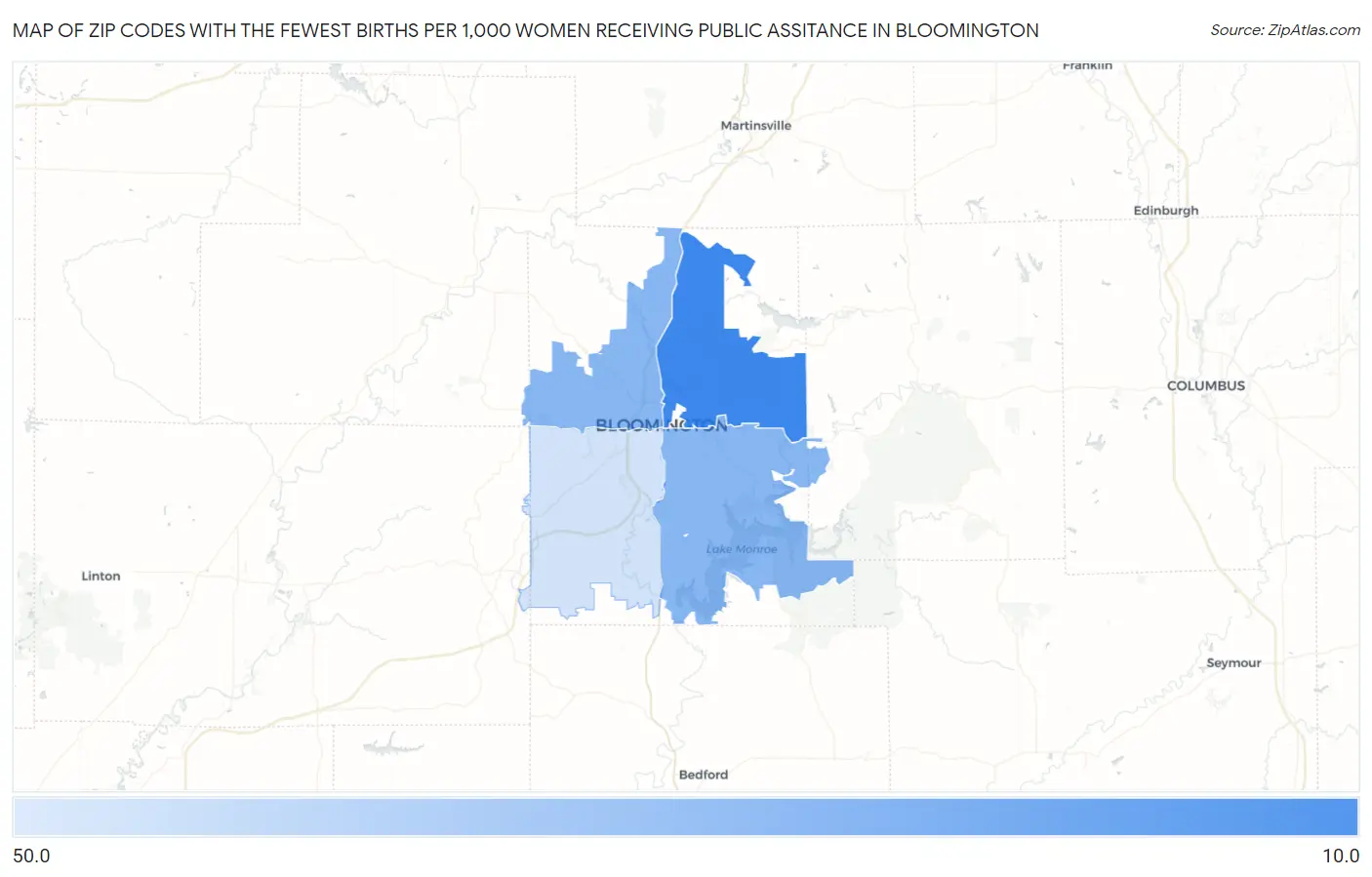 Zip Codes with the Fewest Births per 1,000 Women Receiving Public Assitance in Bloomington Map