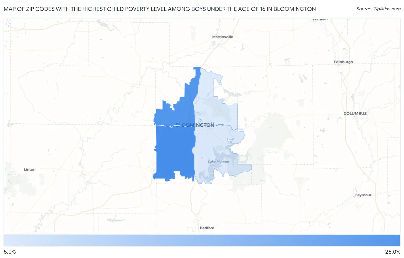 Zip Codes with the Highest Child Poverty Level Among Boys Under the Age of 16 in Bloomington Map