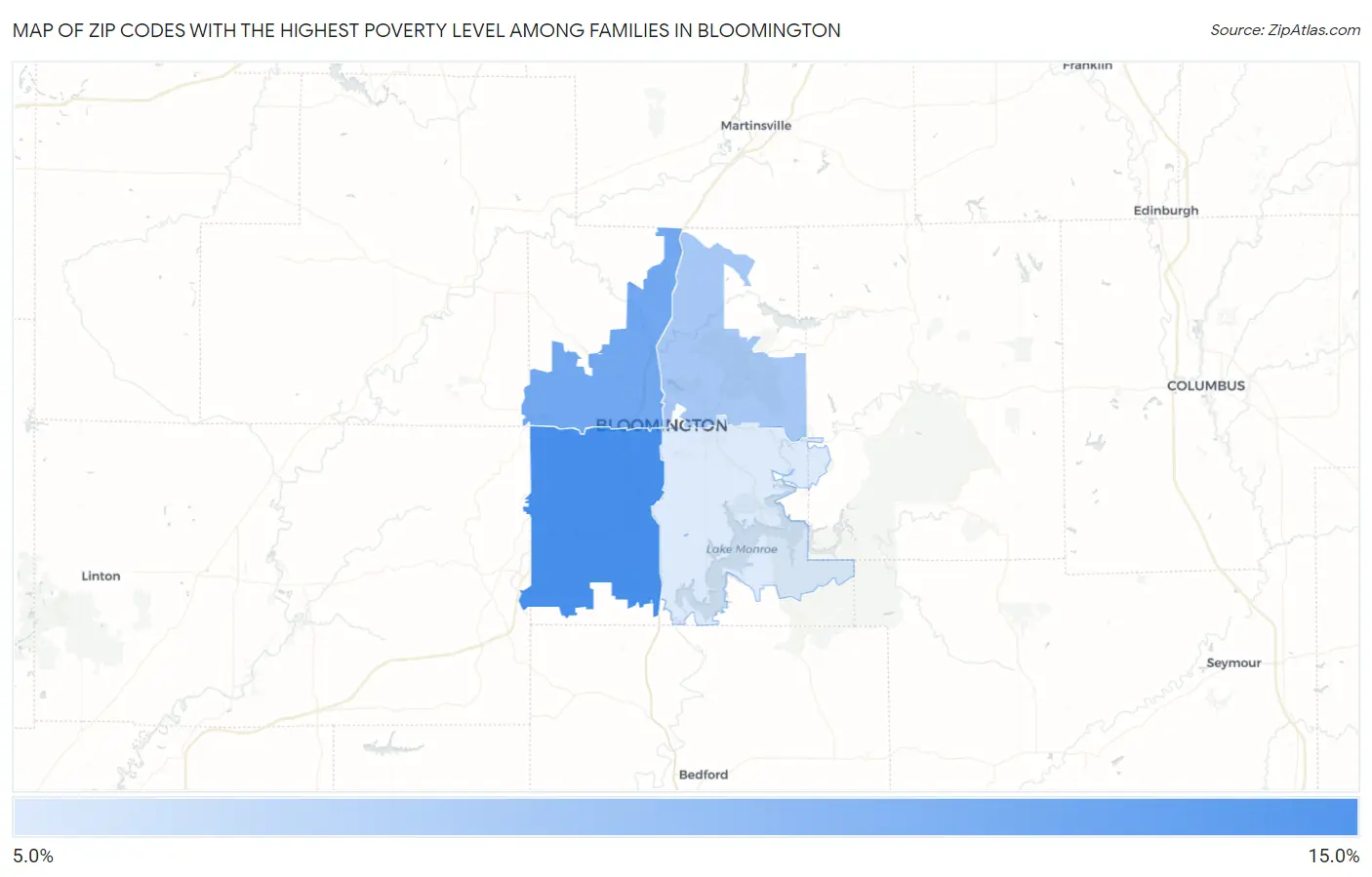 Zip Codes with the Highest Poverty Level Among Families in Bloomington Map