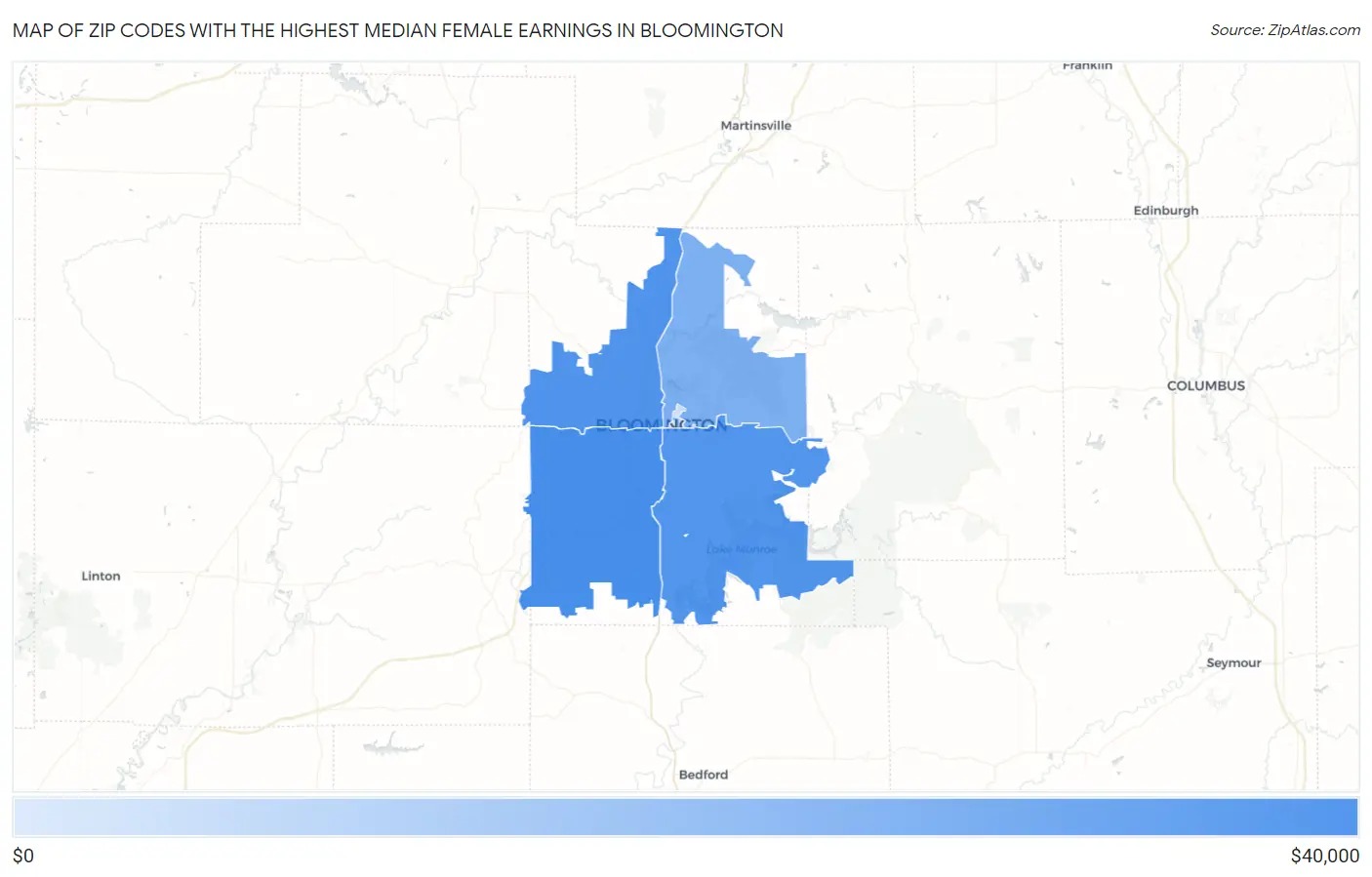 Zip Codes with the Highest Median Female Earnings in Bloomington Map