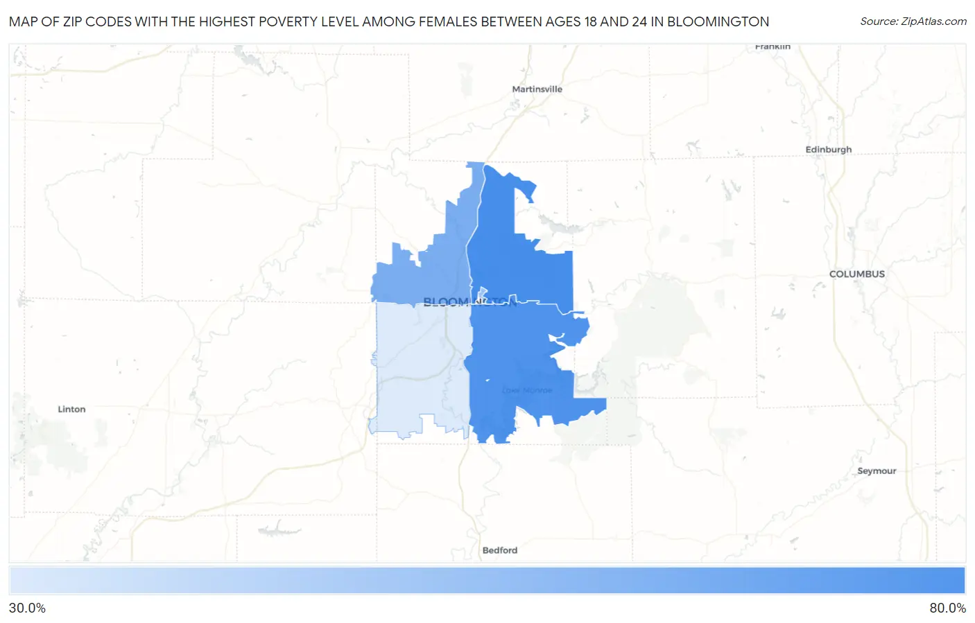 Zip Codes with the Highest Poverty Level Among Females Between Ages 18 and 24 in Bloomington Map