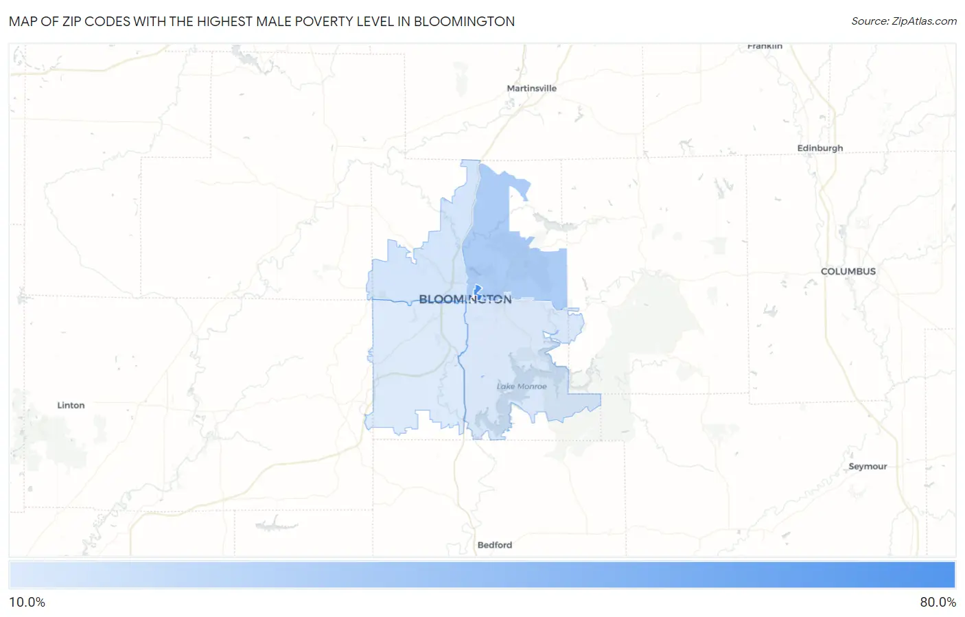 Zip Codes with the Highest Male Poverty Level in Bloomington Map