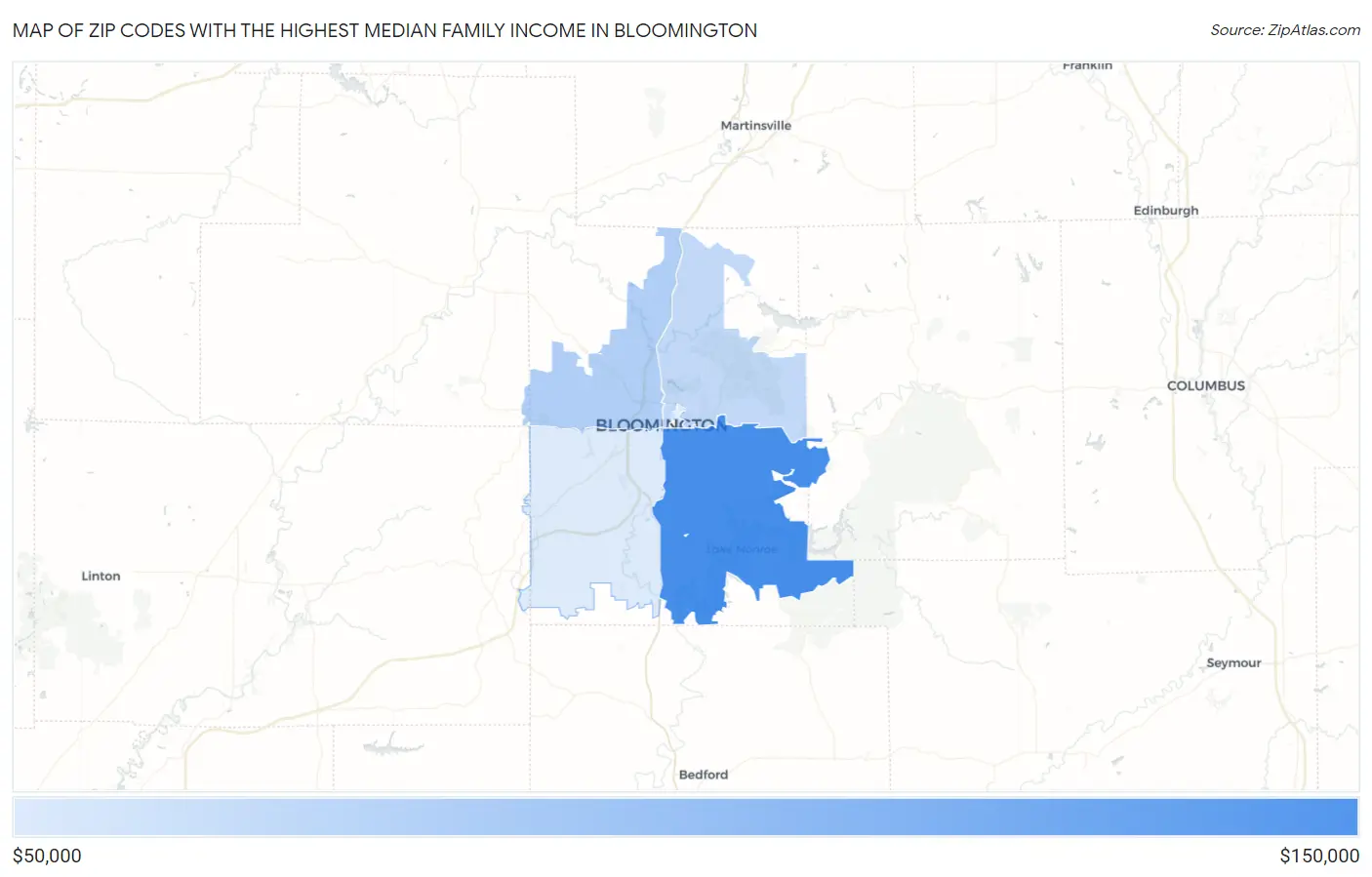 Zip Codes with the Highest Median Family Income in Bloomington Map