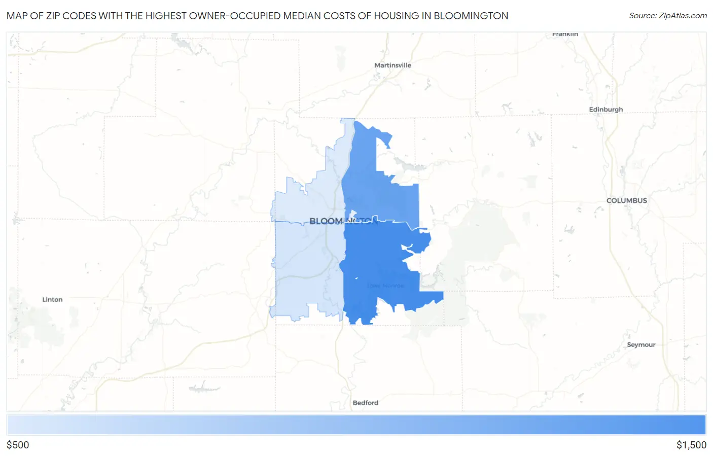 Zip Codes with the Highest Owner-Occupied Median Costs of Housing in Bloomington Map