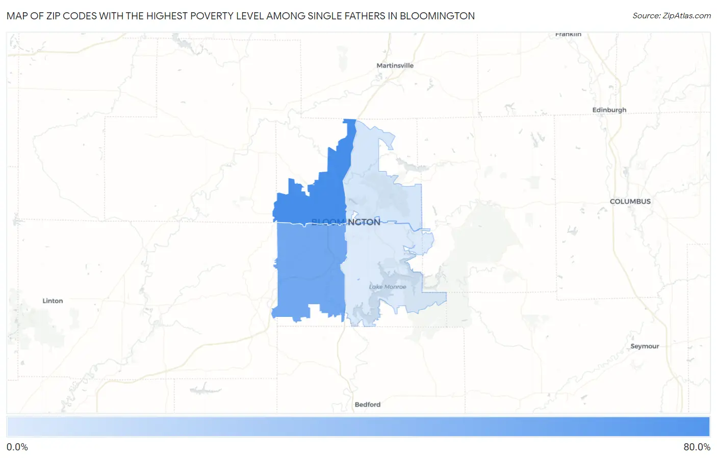 Zip Codes with the Highest Poverty Level Among Single Fathers in Bloomington Map