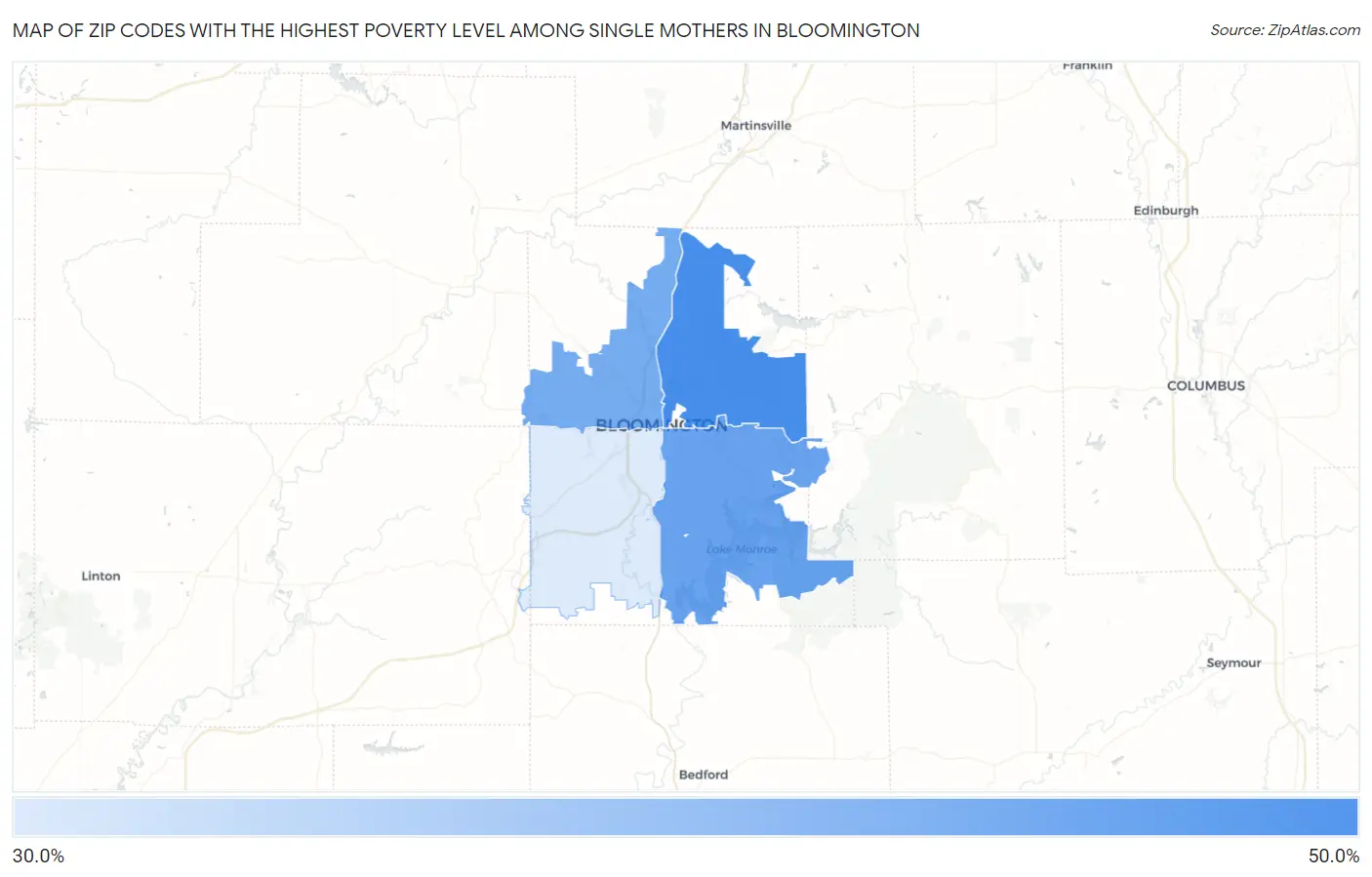 Zip Codes with the Highest Poverty Level Among Single Mothers in Bloomington Map