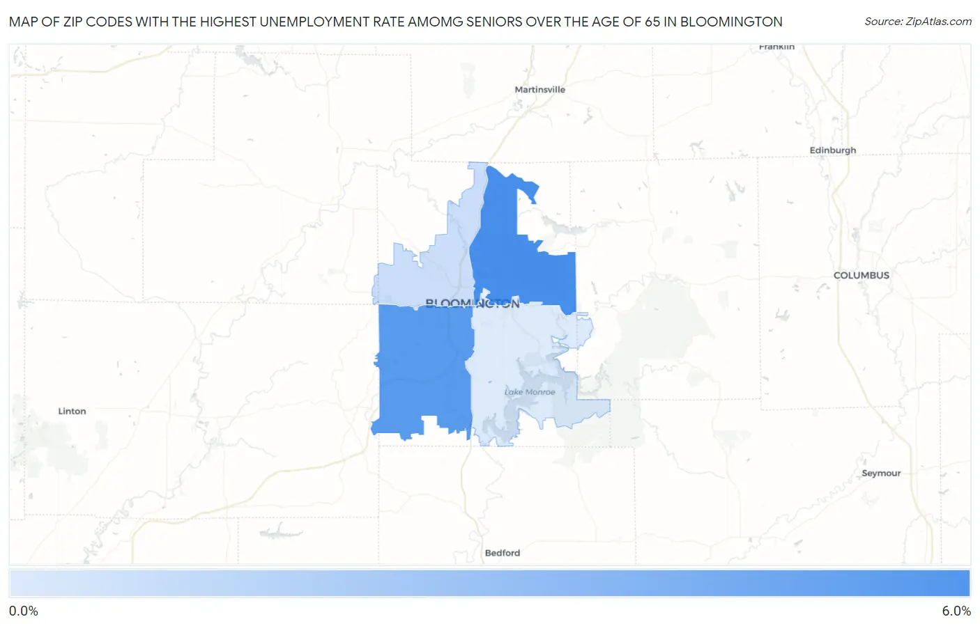 Zip Codes with the Highest Unemployment Rate Amomg Seniors Over the Age of 65 in Bloomington Map