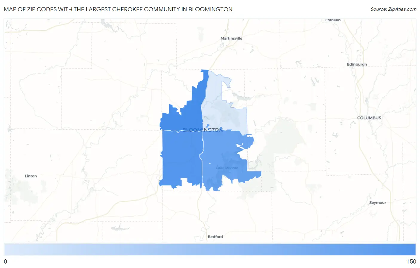 Zip Codes with the Largest Cherokee Community in Bloomington Map