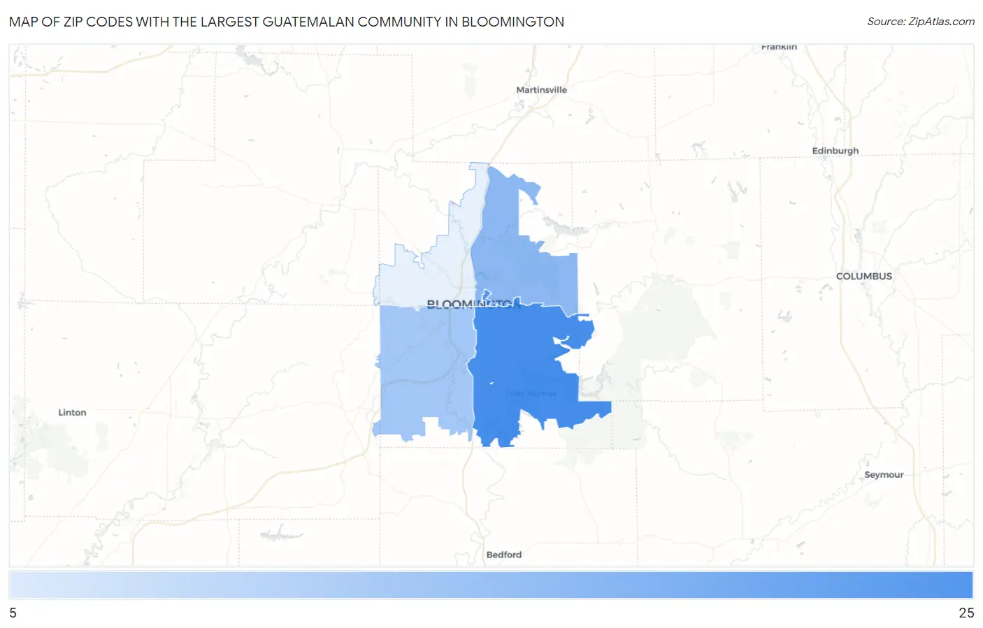 Zip Codes with the Largest Guatemalan Community in Bloomington Map