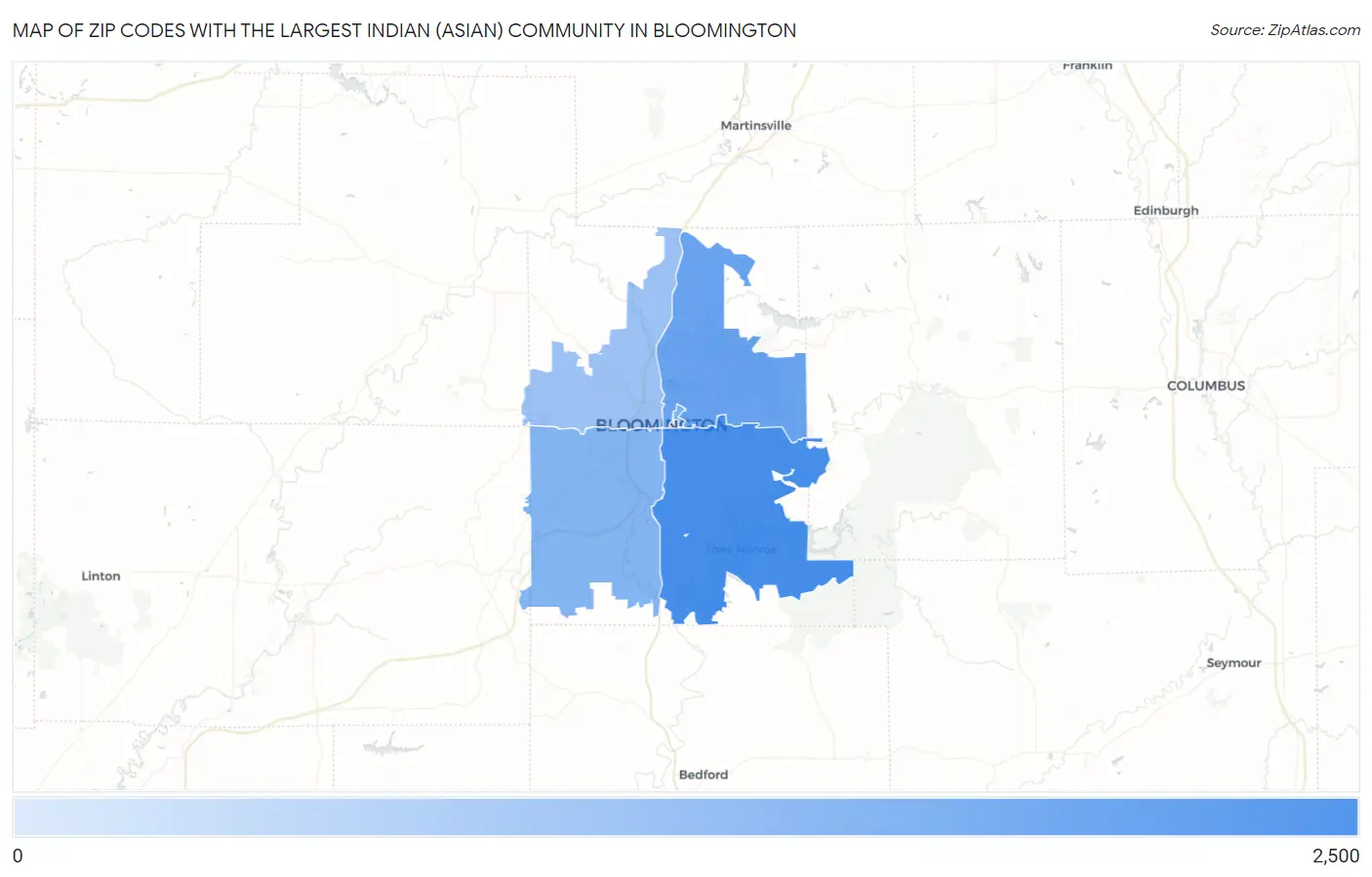 Zip Codes with the Largest Indian (Asian) Community in Bloomington Map