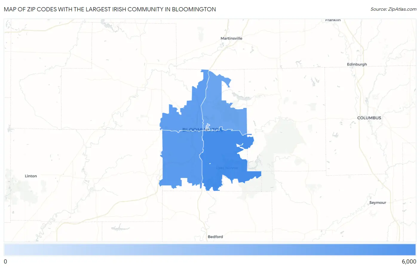 Zip Codes with the Largest Irish Community in Bloomington Map