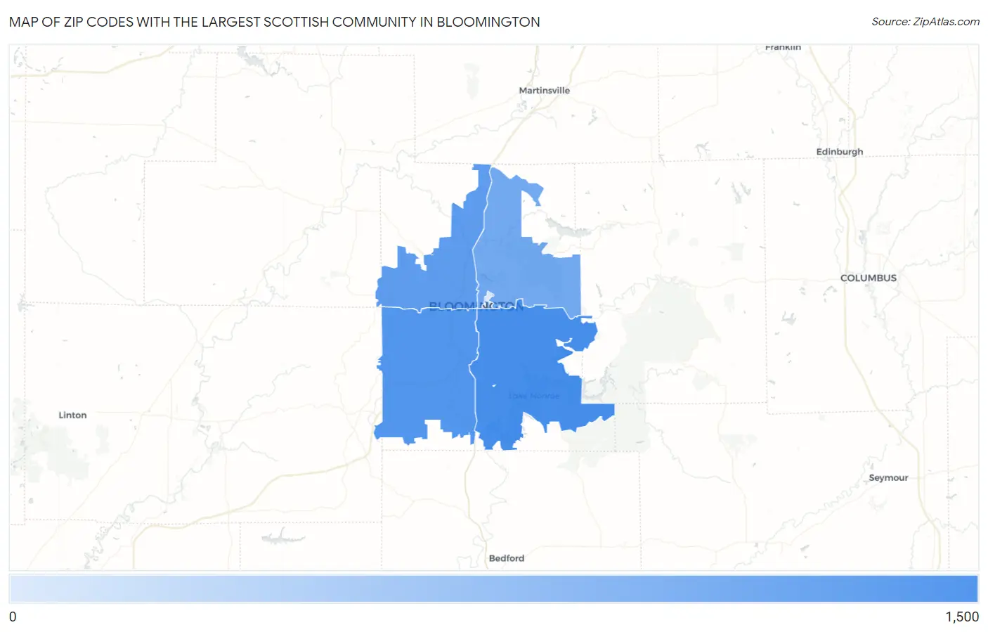 Zip Codes with the Largest Scottish Community in Bloomington Map