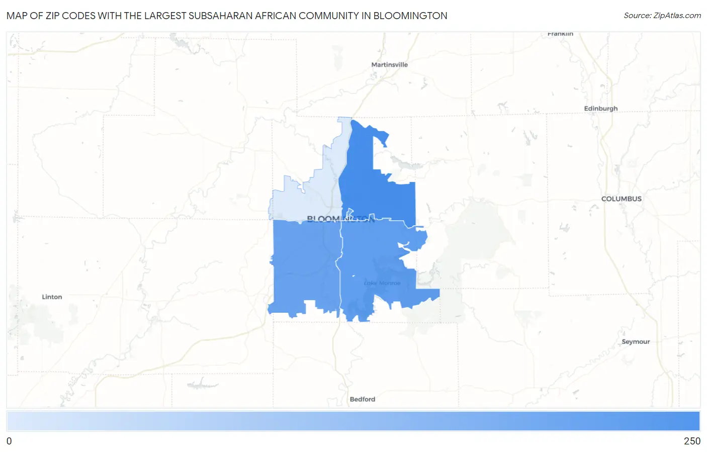 Zip Codes with the Largest Subsaharan African Community in Bloomington Map