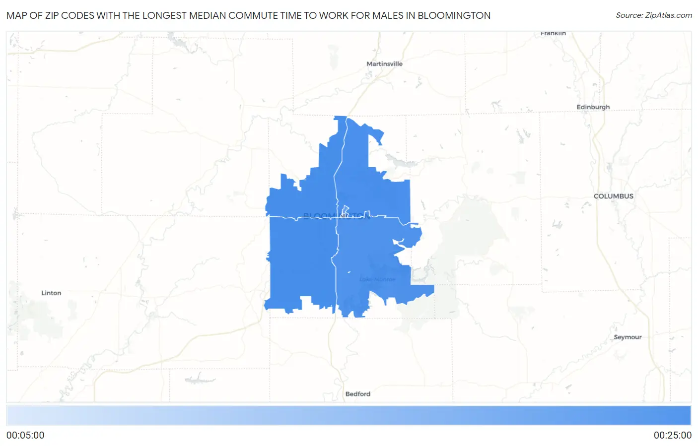 Zip Codes with the Longest Median Commute Time to Work for Males in Bloomington Map