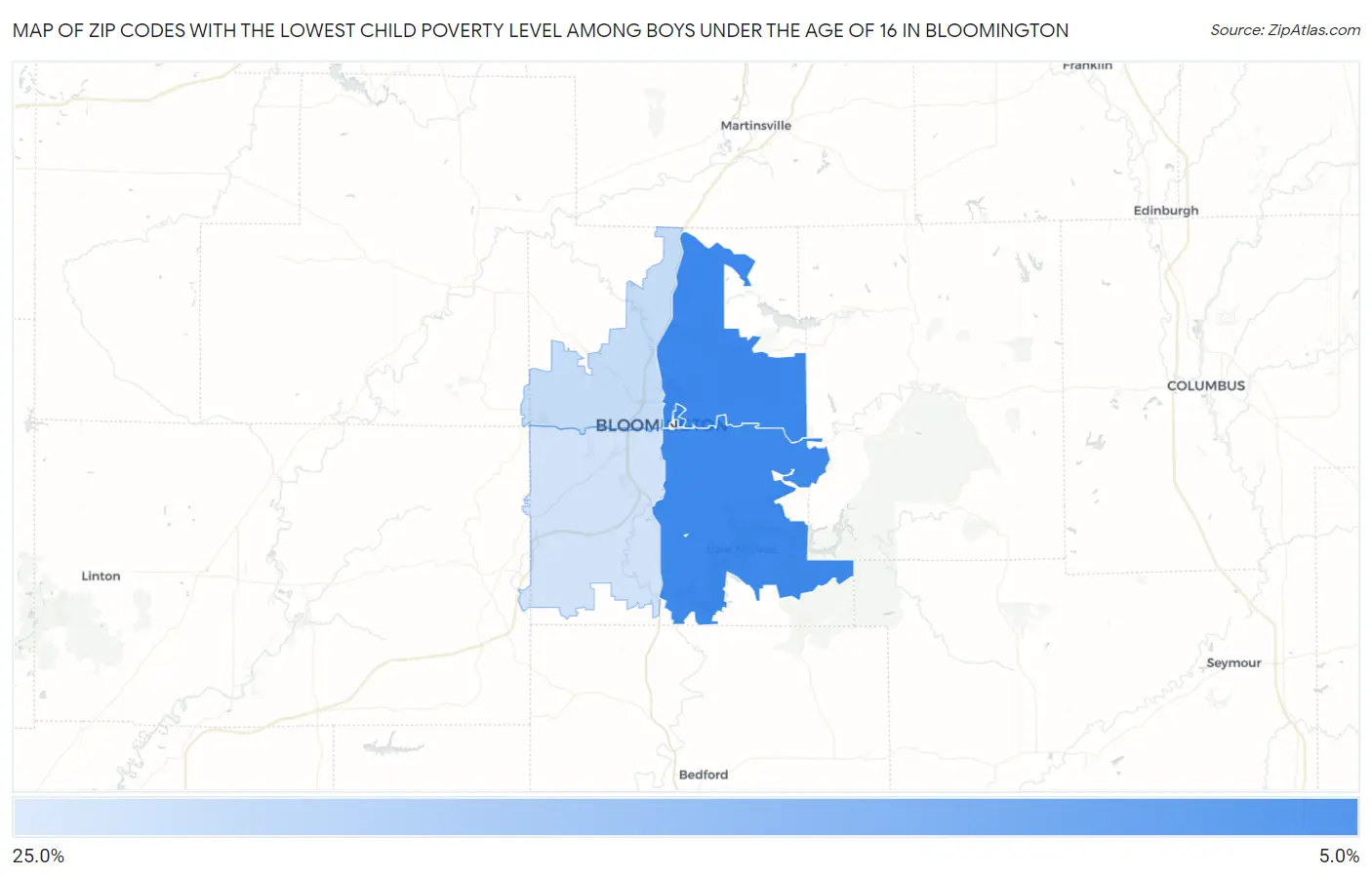 Zip Codes with the Lowest Child Poverty Level Among Boys Under the Age of 16 in Bloomington Map
