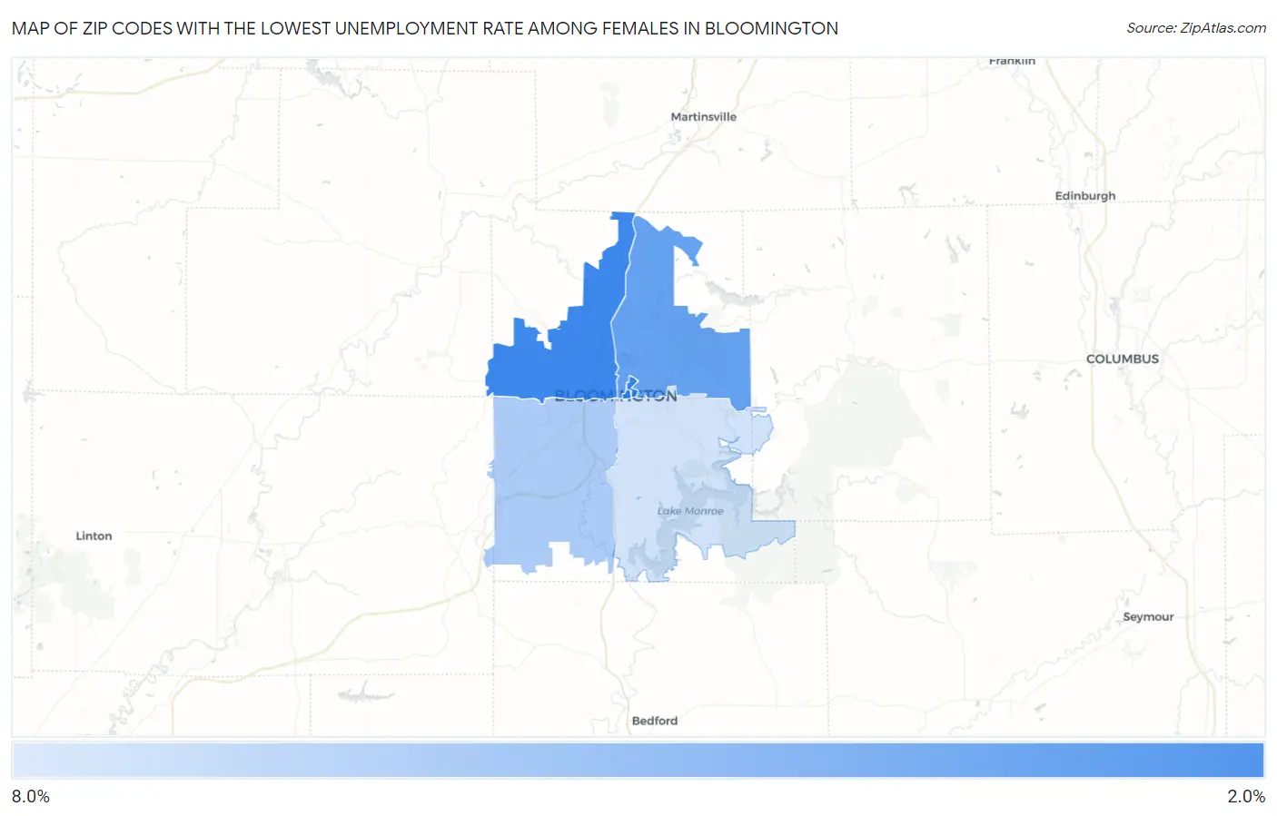 Zip Codes with the Lowest Unemployment Rate Among Females in Bloomington Map