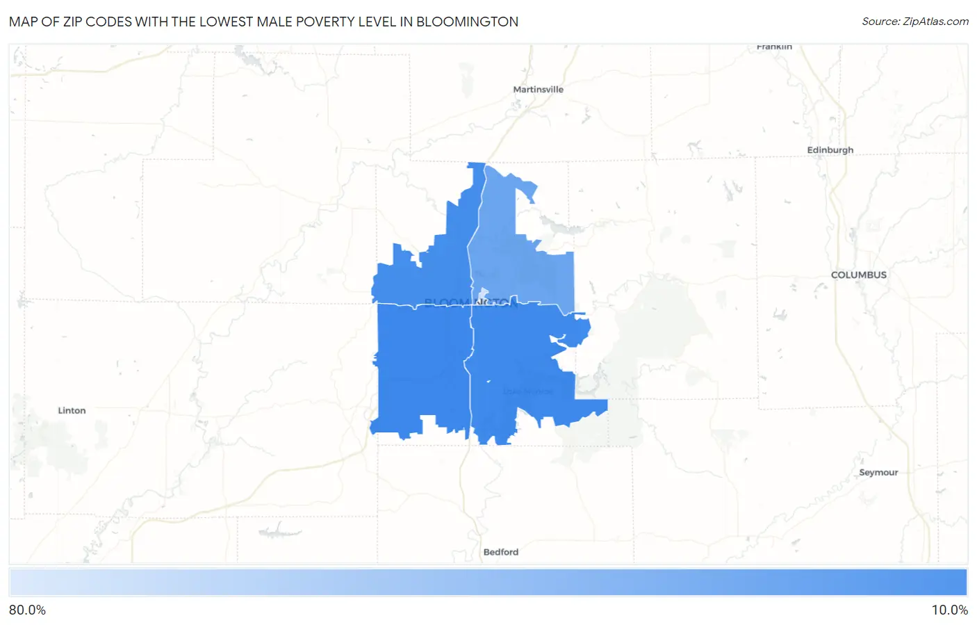 Zip Codes with the Lowest Male Poverty Level in Bloomington Map