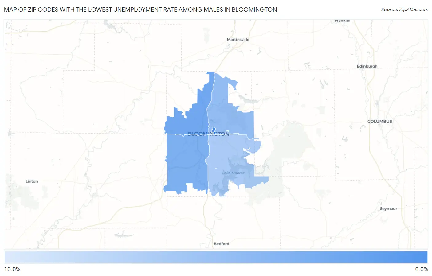 Zip Codes with the Lowest Unemployment Rate Among Males in Bloomington Map