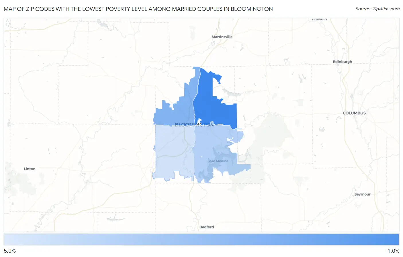 Zip Codes with the Lowest Poverty Level Among Married Couples in Bloomington Map