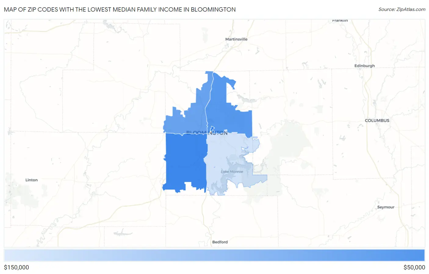 Zip Codes with the Lowest Median Family Income in Bloomington Map