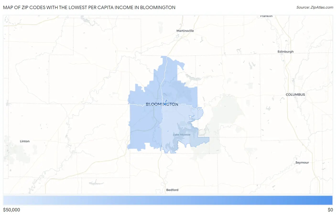 Zip Codes with the Lowest Per Capita Income in Bloomington Map
