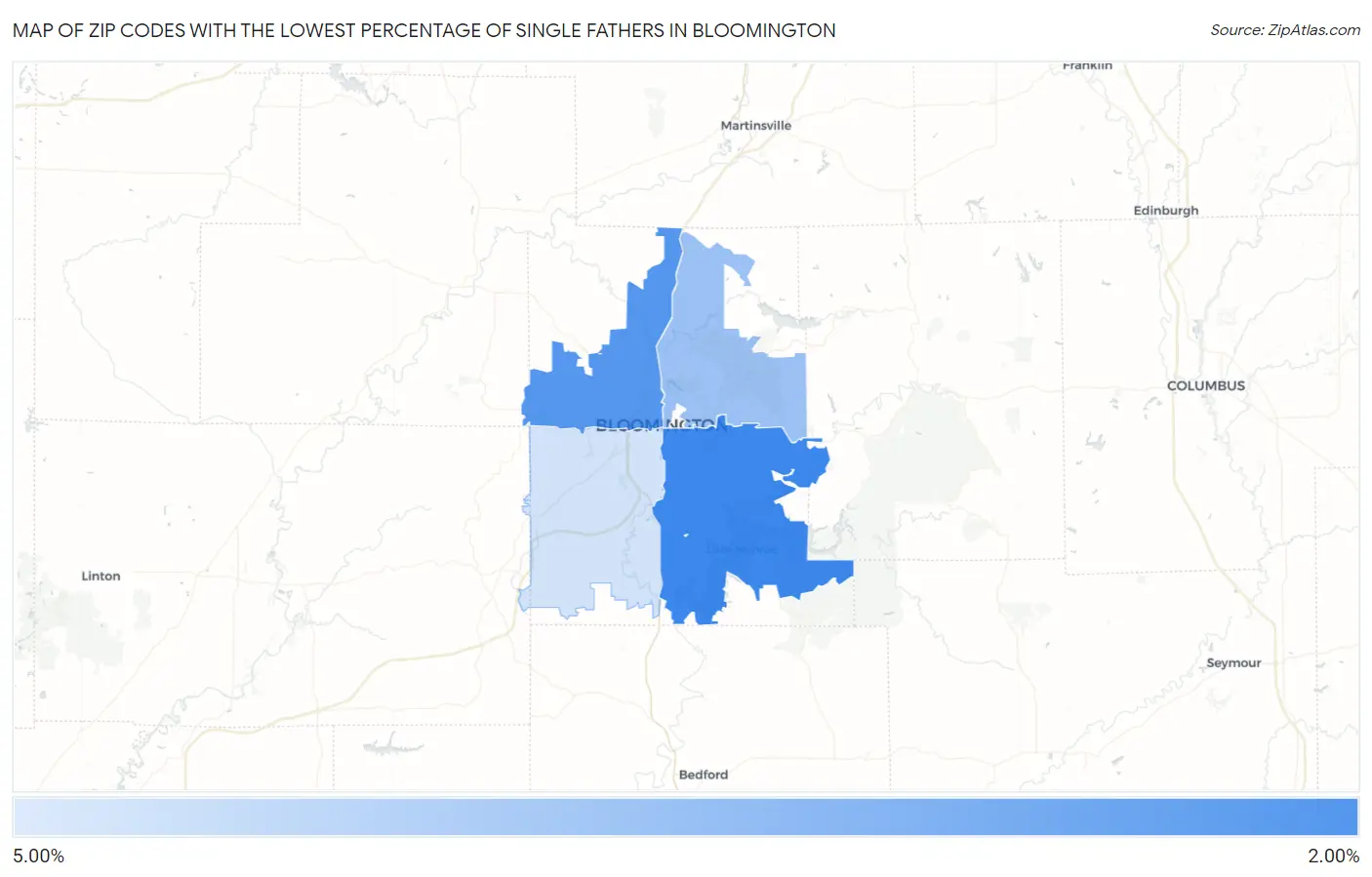 Zip Codes with the Lowest Percentage of Single Fathers in Bloomington Map