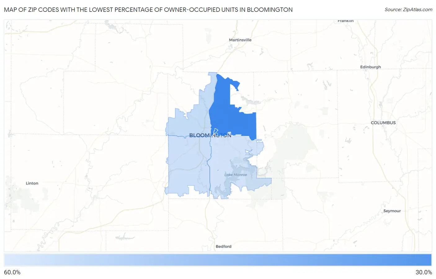 Zip Codes with the Lowest Percentage of Owner-Occupied Units in Bloomington Map