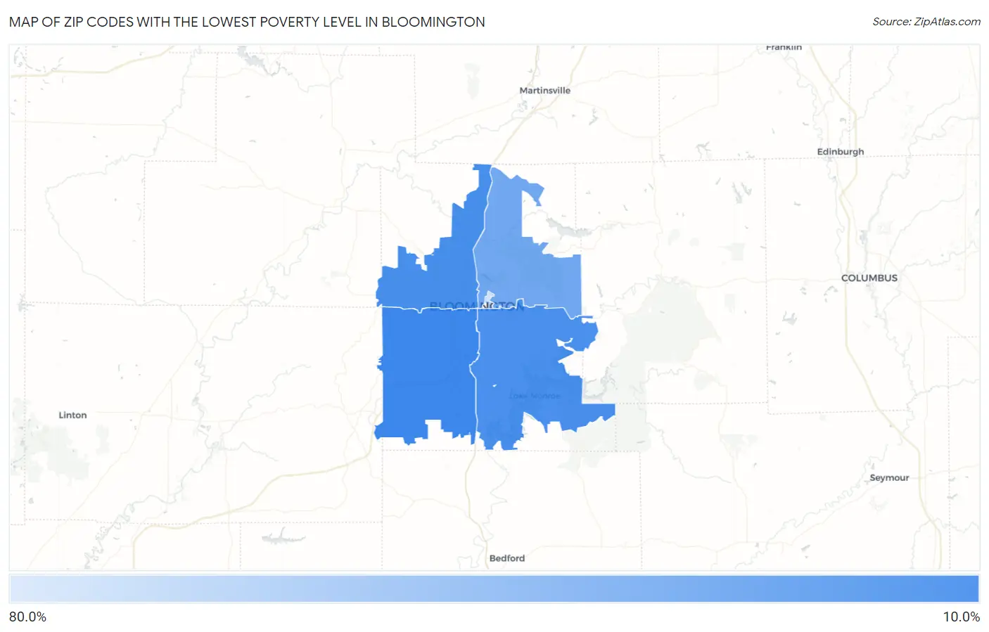 Zip Codes with the Lowest Poverty Level in Bloomington Map
