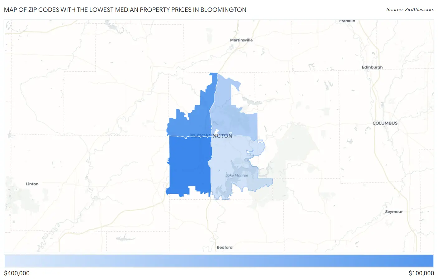 Zip Codes with the Lowest Median Property Prices in Bloomington Map