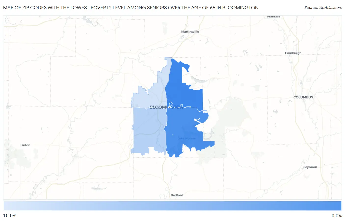 Zip Codes with the Lowest Poverty Level Among Seniors Over the Age of 65 in Bloomington Map