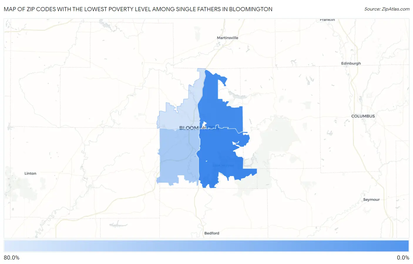 Zip Codes with the Lowest Poverty Level Among Single Fathers in Bloomington Map