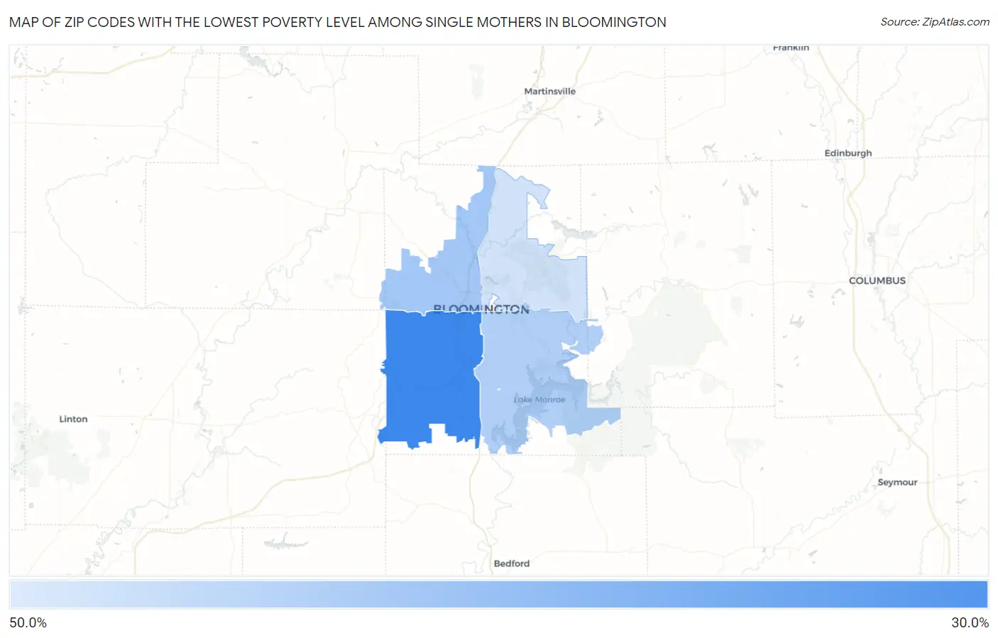 Zip Codes with the Lowest Poverty Level Among Single Mothers in Bloomington Map