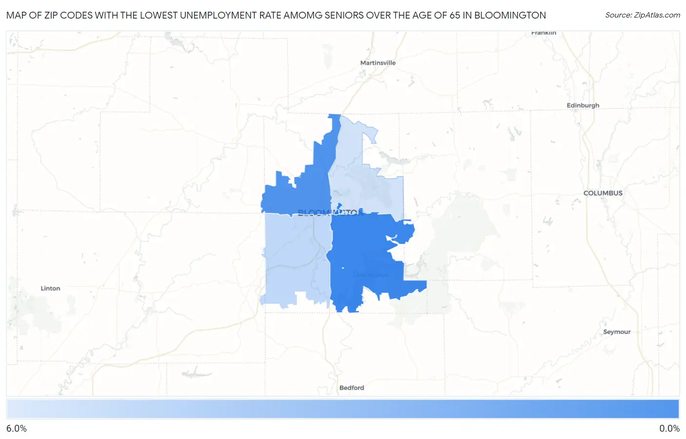 Zip Codes with the Lowest Unemployment Rate Amomg Seniors Over the Age of 65 in Bloomington Map
