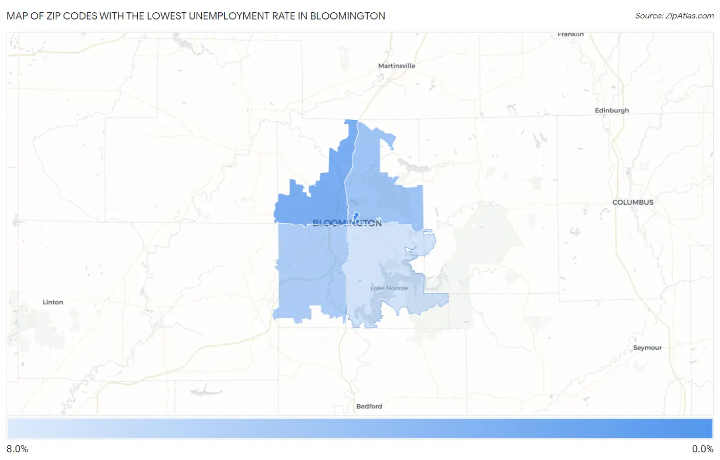 Zip Codes with the Lowest Unemployment Rate in Bloomington Map