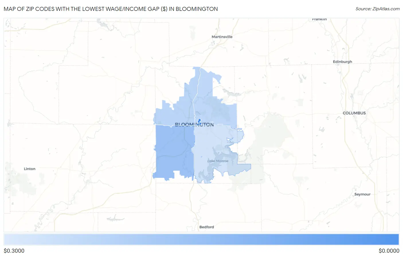 Zip Codes with the Lowest Wage/Income Gap ($) in Bloomington Map