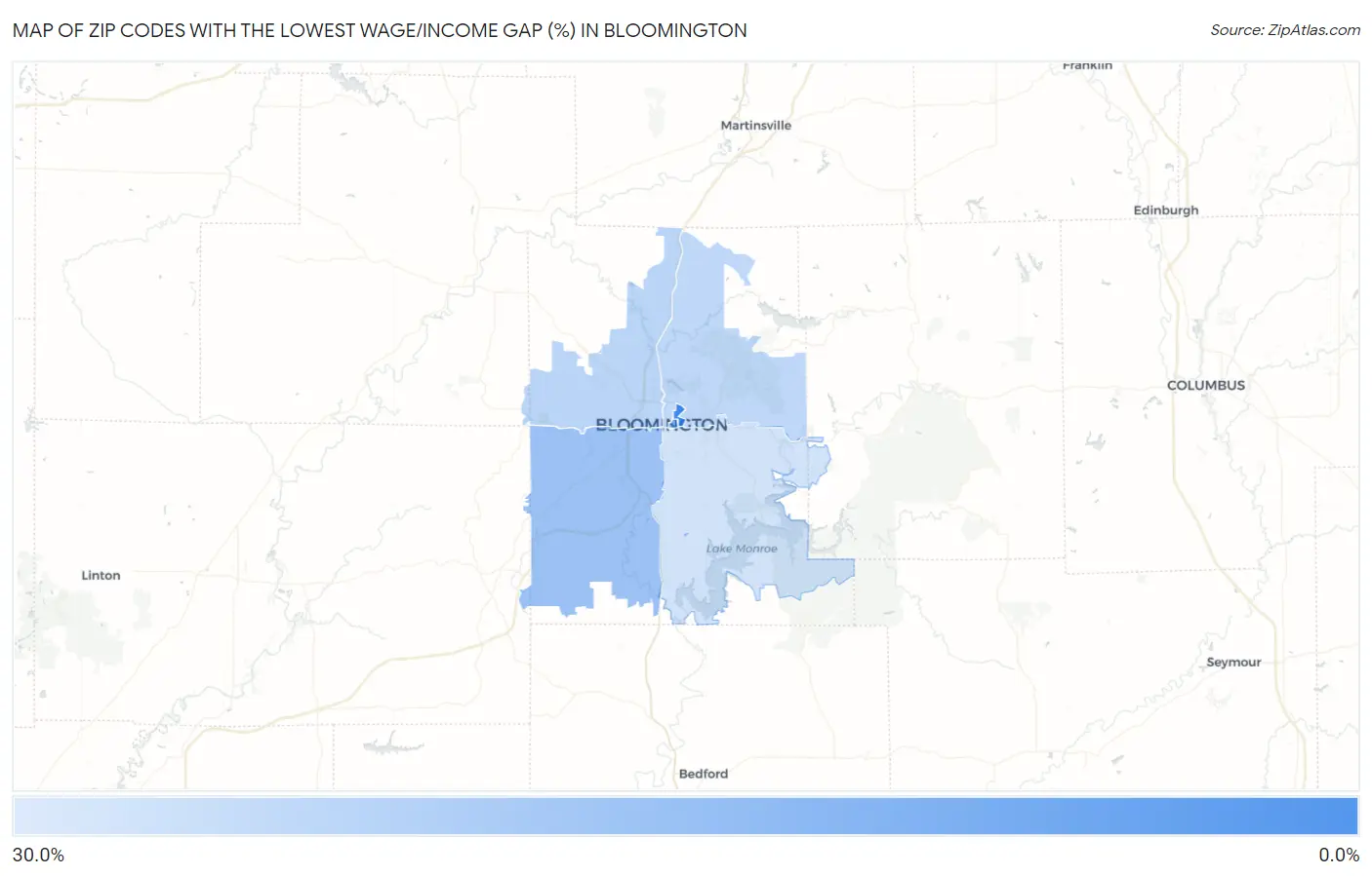 Zip Codes with the Lowest Wage/Income Gap (%) in Bloomington Map