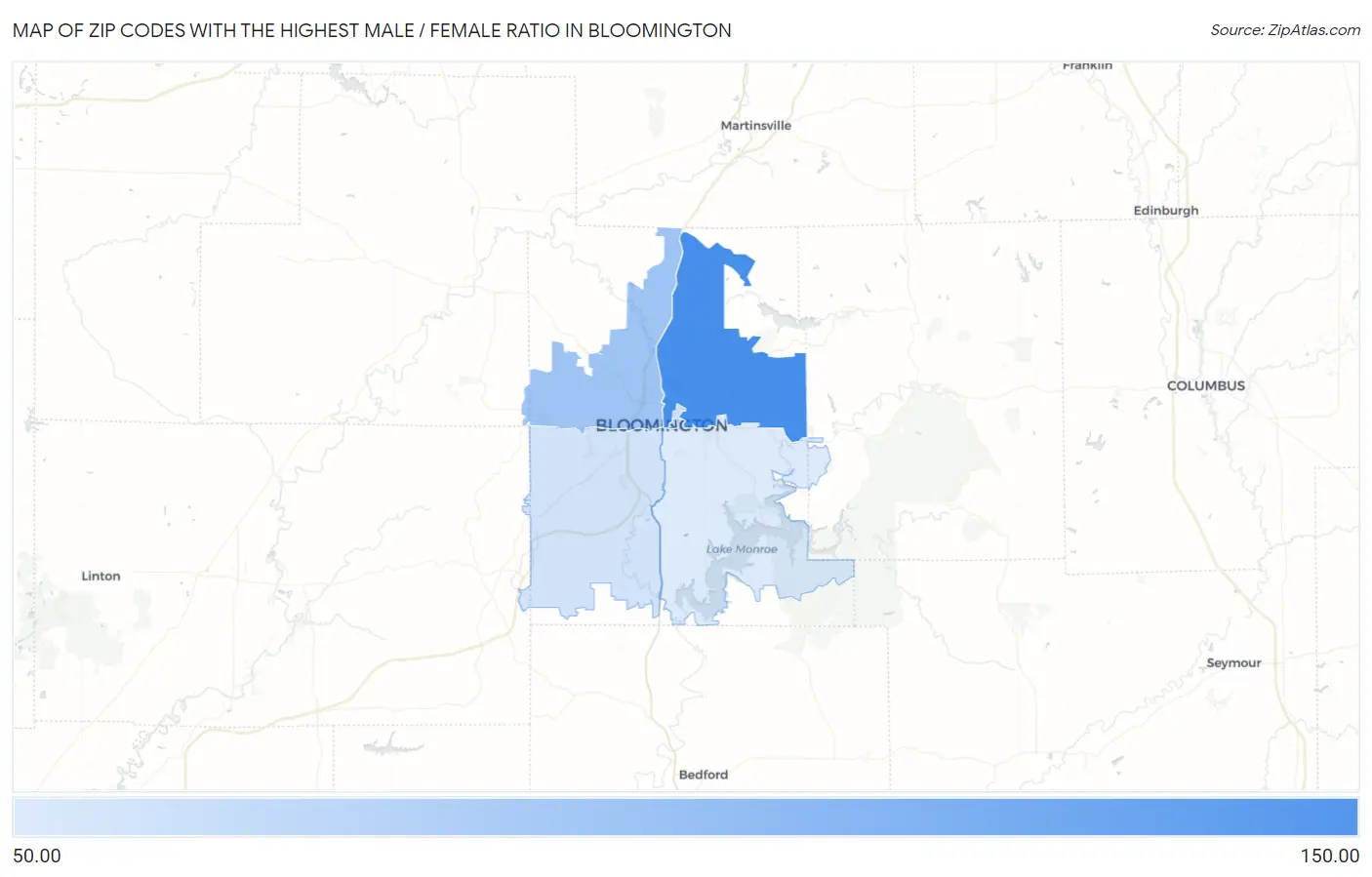 Zip Codes with the Highest Male / Female Ratio in Bloomington Map