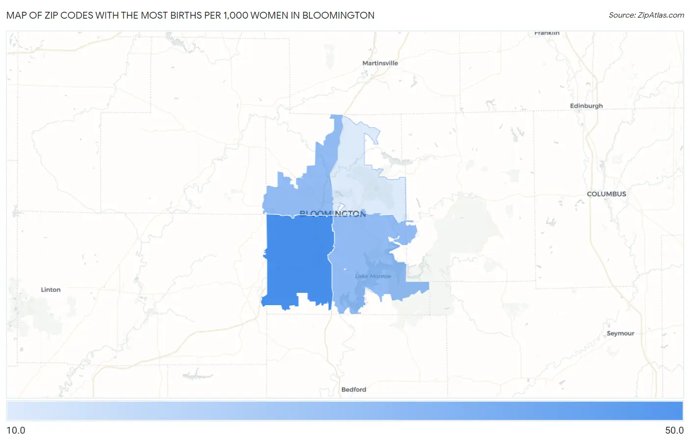 Zip Codes with the Most Births per 1,000 Women in Bloomington Map
