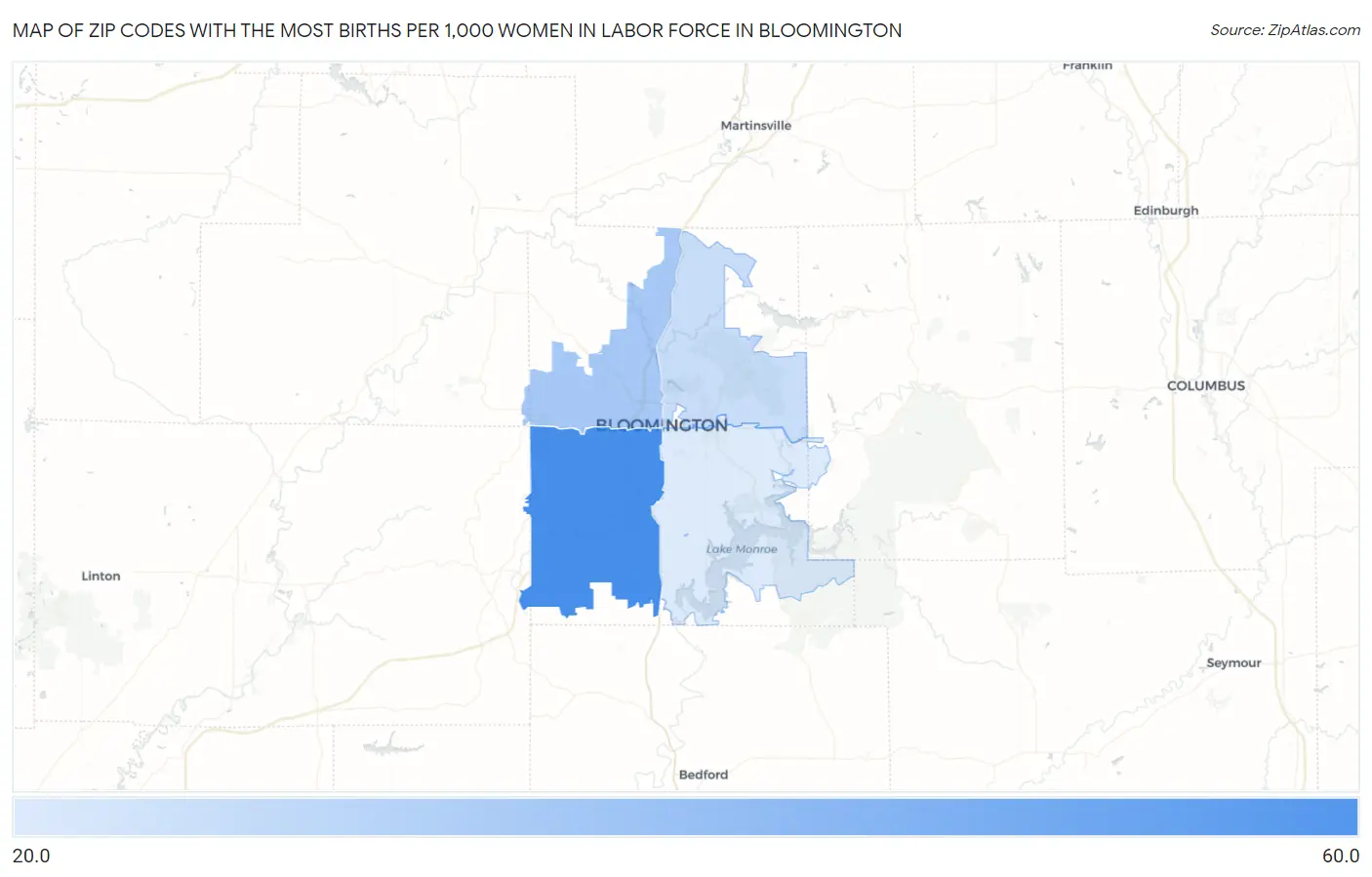 Zip Codes with the Most Births per 1,000 Women in Labor Force in Bloomington Map
