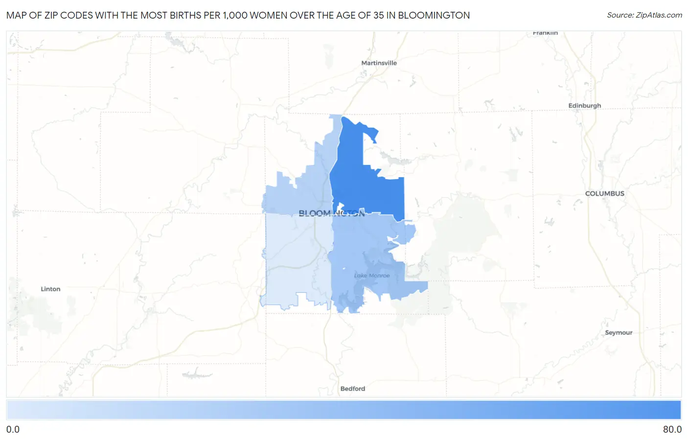 Zip Codes with the Most Births per 1,000 Women Over the Age of 35 in Bloomington Map