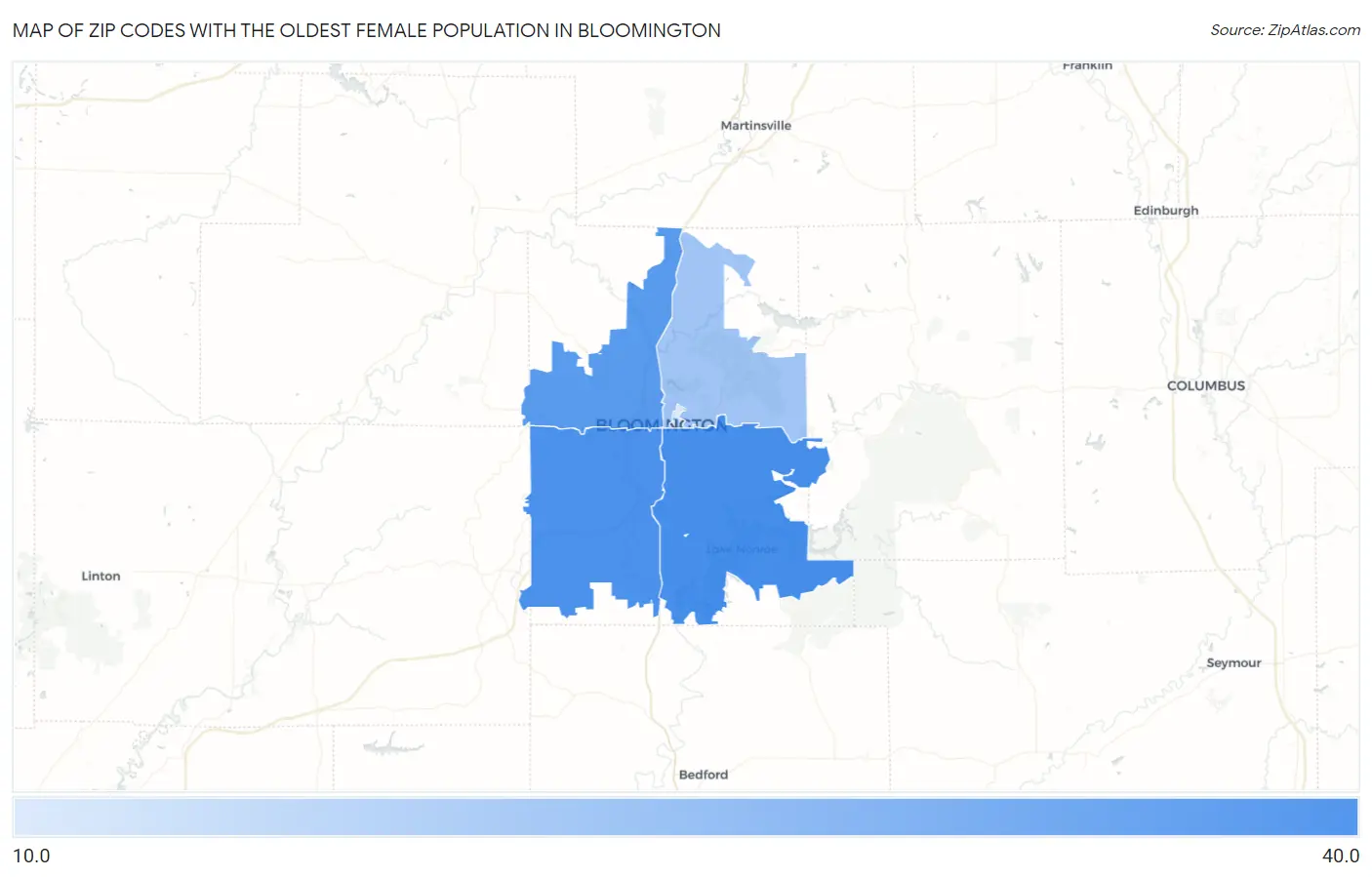 Zip Codes with the Oldest Female Population in Bloomington Map