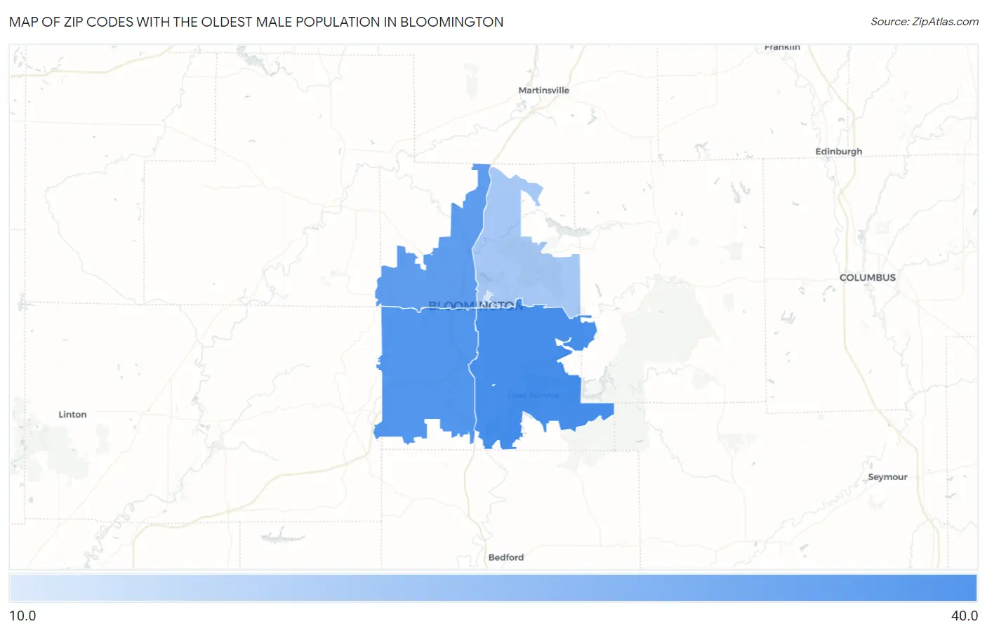 Zip Codes with the Oldest Male Population in Bloomington Map
