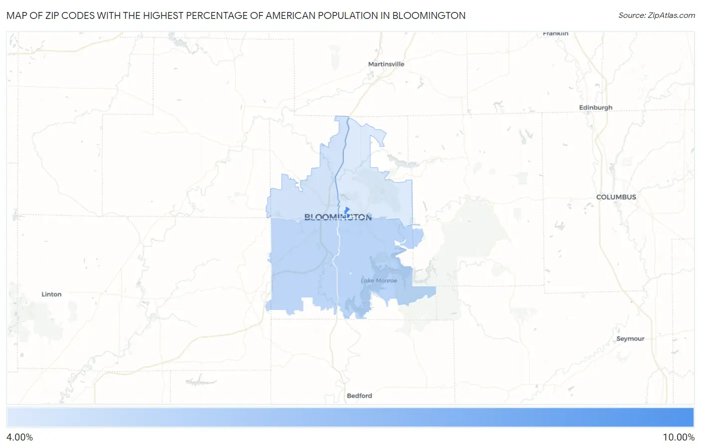 Zip Codes with the Highest Percentage of American Population in Bloomington Map