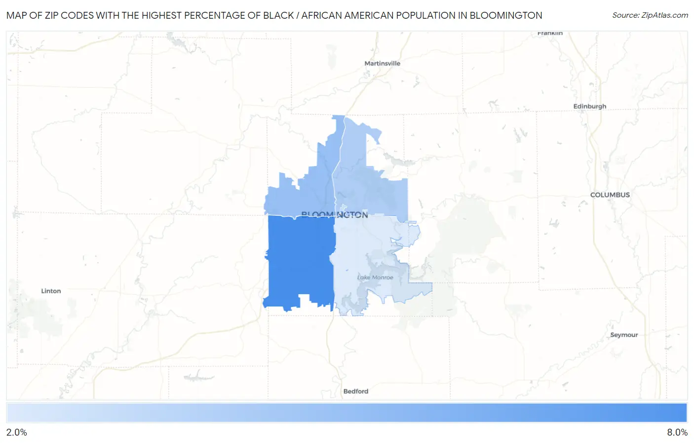 Zip Codes with the Highest Percentage of Black / African American Population in Bloomington Map